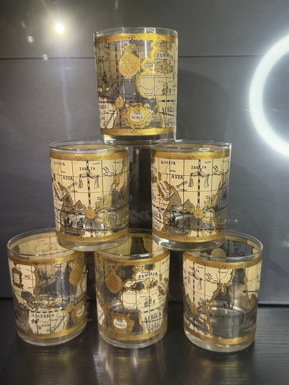 VTG Set of 6 Cera 22kt Gold Old World Map Lowball Barware Glasses Old Fashioned